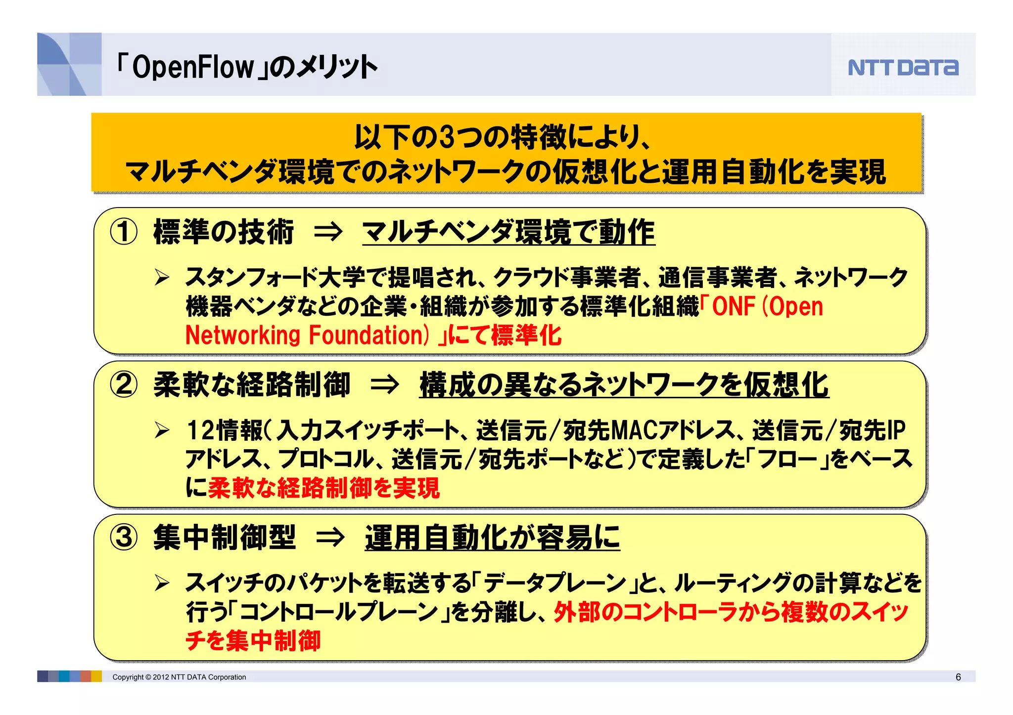 6Copyright © 2012 NTT DATA Corporation
「OpenFlow」のメリット
以下の3つの特徴により、
マルチベンダ環境でのネットワークの仮想化と運用自動化を実現
以下の3つの特徴により、
マルチベンダ環境でのネットワークの仮想化と運用自動化を実現
① 標準の技術 ⇒ マルチベンダ環境で動作
スタンフォード大学で提唱され、クラウド事業者、通信事業者、ネットワーク
機器ベンダなどの企業・組織が参加する標準化組織「ONF(Open
Networking Foundation)」にて標準化
② 柔軟な経路制御 ⇒ 構成の異なるネットワークを仮想化
12情報（入力スイッチポート、送信元/宛先MACアドレス、送信元/宛先IP
アドレス、プロトコル、送信元/宛先ポートなど）で定義した「フロー」をベース
に柔軟な経路制御を実現
③ 集中制御型 ⇒ 運用自動化が容易に
スイッチのパケットを転送する「データプレーン」と、ルーティングの計算などを
行う「コントロールプレーン」を分離し、外部のコントローラから複数のスイッ
チを集中制御
 
