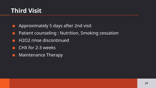 Third Visit
▪ Approximately 5 days after 2nd visit
▪ Patient counseling : Nutrition, Smoking cessation
▪ H2O2 rinse discontinued
▪ CHX for 2-3 weeks
▪ Maintenance Therapy
31
 