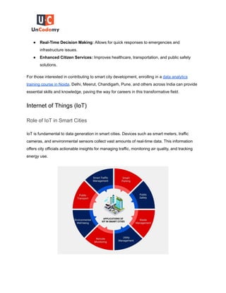 ● Real-Time Decision Making: Allows for quick responses to emergencies and
infrastructure issues.
● Enhanced Citizen Services: Improves healthcare, transportation, and public safety
solutions.
For those interested in contributing to smart city development, enrolling in a data analytics
training course in Noida, Delhi, Meerut, Chandigarh, Pune, and others across India can provide
essential skills and knowledge, paving the way for careers in this transformative field.
Internet of Things (IoT)
Role of IoT in Smart Cities
IoT is fundamental to data generation in smart cities. Devices such as smart meters, traffic
cameras, and environmental sensors collect vast amounts of real-time data. This information
offers city officials actionable insights for managing traffic, monitoring air quality, and tracking
energy use.
 