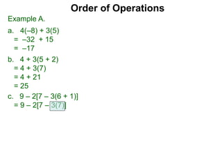 Example A.
a. 4(–8) + 3(5)
= –32 + 15
= –17
c. 9 – 2[7 – 3(6 + 1)]
= 9 – 2[7 – 3(7)]
Order of Operations
b. 4 + 3(5 + 2)
= 4 + 3(7)
= 4 + 21
= 25
 