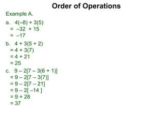 Example A.
a. 4(–8) + 3(5)
= –32 + 15
= –17
c. 9 – 2[7 – 3(6 + 1)]
= 9 – 2[7 – 3(7)]
= 9 – 2[7 – 21]
= 9 – 2[ –14 ]
= 9 + 28
= 37
Order of Operations
b. 4 + 3(5 + 2)
= 4 + 3(7)
= 4 + 21
= 25
 
