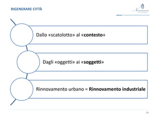 19
RIGENERARE CITTÀ
Dallo «scatolotto» al «contesto»
Dagli «oggetti» ai «soggetti»
Rinnovamento urbano = Rinnovamento industriale
 