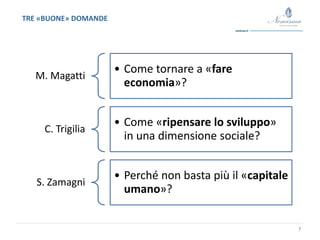 7
M. Magatti
• Come tornare a «fare
economia»?
C. Trigilia
• Come «ripensare lo sviluppo»
in una dimensione sociale?
S. Zamagni
• Perché non basta più il «capitale
umano»?
TRE «BUONE» DOMANDE
 