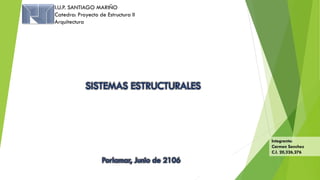 I.U.P. SANTIAGO MARIÑO
Catedra: Proyecto de Estructura II
Arquitectura
SISTEMAS ESTRUCTURALES
Integrante:
Carmen Sanchez
C.I. 20,326,276
Porlamar, Junio de 2106
 