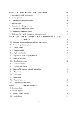 CHAPTER 9 ANGIOSPERMS AND GYNMNOSPERMS 46
9.0 Angiosperms and Gynmnosperms
9.1 Gymnospermae
9.2 Characteristics of Gymnospermae
9.3 Angiospermae
9.4 Characteristics of Angiospermae
9.5 Characteristics of Monocotyledons
9.6 Characteristics of Dicotyledons
9.7 Differences between Gymnosperms and Angiosperms
46
46
46
46
46
47
48
48
CHAPTER 10 FORMS AND FUNCTIONAL ADAPTATION OF PLANT TO
ECOSYSTEM 50
10.0 Forms and functional adaptation of plant to ecosystems
10.1 Classes of aquatic ecosystem
10.1.1 Marine habitat
10.1.2 Estuarine habitat
10.1.3 Fresh water habitat
10.2 Adaptation of plants to aquatic habitat
10.3 Terrestrial Ecosystem
10.3.1 Grassland ecosystem
10.3.2 Tropical rainforest
10.3.3 Desert or arid habitat
10.4 Features of desert plant and their adaptations
10.4.1 Waxy cover
10.4.2 Little leaves
10.5 Marsh habitat
10.5.1 Types of marshes
10.5.2 Characteristics of marshes
50
50
50
50
50
52
52
52
52
52
53
53
53
53
53
53
Chapter 11 GROWTH IN PLANTS 54
11. Growth in plants
11.1 Growth in plants
11.2 Stages of growth in plants
11.2.1 Assimilation
54
54
54
54
 