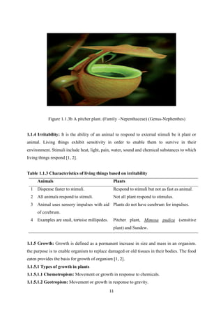 Figure 1.1.3b A pitcher plant. (Family Nepenthaceae) (Genus-Nephenthes)
1.1.4 Irritability: It is the ability of an animal to respond to external stimuli be it plant or
animal. Living things exhibit sensitivity in order to enable them to survive in their
environment. Stimuli include heat, light, pain, water, sound and chemical substances to which
living things respond [1, 2].
Table 1.1.3 Characteristics of living things based on irritability
Animals Plants
1 Dispense faster to stimuli. Respond to stimuli but not as fast as animal.
2 All animals respond to stimuli. Not all plant respond to stimulus.
3 Animal uses sensory impulses with aid
of cerebrum.
Plants do not have cerebrum for impulses.
4 Examples are snail, tortoise millipedes. Pitcher plant, Mimosa pudica (sensitive
plant) and Sundew.
1.1.5 Growth: Growth is defined as a permanent increase in size and mass in an organism.
the purpose is to enable organism to replace damaged or old tissues in their bodies. The food
eaten provides the basis for growth of organism [1, 2].
1.1.5.1 Types of growth in plants
1.1.5.1.1 Chemotropism: Movement or growth in response to chemicals.
1.1.5.1.2 Geotropism: Movement or growth in response to gravity.
 