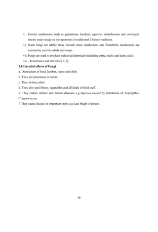 v. Certain mushrooms such as ganoderma lucidum, agaricus subrufescens and cordyceps
sinesis enjoy usage as theraperutoes in traditional Chinese medicine.
vi. Some fungi are edible these include straw mushrooms and Portobello mushrooms are
commonly used in salads and soups.
vii. Fungi are used to produce industrial chemicals including citric, malic and lactic acids.
viii.. It increases soil nutrients [1, 3].
5.8 Harmful effects of Fungi
a. Destruction of food, lumber, paper and cloth.
b. They are poisonous in nature.
c. They destroy plant.
d. They also spoil fruits, vegetables and all kinds of food stuff.
e. They induce animal and human diseases e.g mycosis caused by infestation of Aspergillus,
Crysptococcus.
f. They cause disease in important crops e.g Late blight of potato.
 