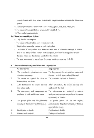contain flowers with three petals, flowers with six petals and the stamens also follow this
pattern.
v. Monocotyledons make a seed with a seed coat e.g. grass, corn, rice, wheat, etc.
vi.The leaves of monocotyledons have parallel veins[1, 2, 3].
vii. They are herbaceous plants.
9.6 Characteristics of Dicotyledons
They are two seeded plant.
The leaves of dicotyledons have veins in network.
Dicotyledons seeds also contain an embryonic plant.
The flowers of dicotyledons have petals and other parts of flower are arranged in four or
five or six. It may contain flowers with four petals, flowers with five petals, flowers
have six petals and the stamens also follow this pattern.
The seed is protected by a seed coat. E.g. trees, sunflower, rose, etc [1, 2, 3].
9.7 Differences between Gymnosperms and Angiosperms
Gymnosperms Angiosperms
1. The reproductive structures are cones
which are unisexual.
The flowers are the reproductive organs and
they may be both unisexual and bisexual.
2. The ovules are exposed, i.e., they are
not located in the ovary.
The ovules are enclosed in the ovary.
3. After fertilization, the ovules develop
into naked seeds.
After fertilization, the ovules develop into
seeds inside the fruit.
4. The microspores and megaspores are
produced by male and female cones.
The microspores are produced in anthers
while the megaspores are produced in ovules
of the ovary in flowers.
5. The pollen grains fall and germinate
directly on the micropyle of the ovules.
The pollen grains fall on the stigma,
germinate and the pollen tube carries the male
gamete to the ovary.
6. Fertilization is simple. Fertilization is double.
7. Endosperm is haploid. Endosperm is triploid.
 