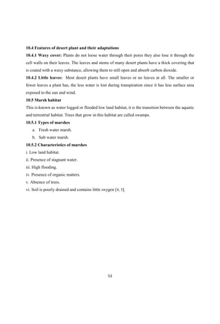 10.4 Features of desert plant and their adaptations
10.4.1 Waxy cover: Plants do not loose water through their pores they also lose it through the
cell walls on their leaves. The leaves and stems of many desert plants have a thick covering that
is coated with a waxy substance, allowing them to still open and absorb carbon dioxide.
10.4.2 Little leaves: Most desert plants have small leaves or no leaves at all. The smaller or
fewer leaves a plant has, the less water is lost during transpiration since it has less surface area
exposed to the sun and wind.
10.5 Marsh habitat
This is known as water logged or flooded low land habitat, it is the transition between the aquatic
and terrestrial habitat. Trees that grow in this habitat are called swamps.
10.5.1 Types of marshes
a. Fresh water marsh.
b. Salt water marsh.
10.5.2 Characteristics of marshes
i. Low land habitat.
ii. Presence of stagnant water.
iii. High flooding.
iv. Presence of organic matters.
v. Absence of trees.
vi. Soil is poorly drained and contains little oxygen [4, 5].
 