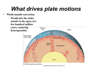 What drives plate motions
• Whole-mantle convection
– Would mix the entire
mantle in the space of a
few hundred million
years, removing
heterogeneities
 