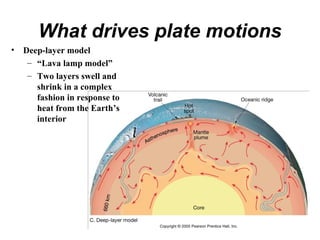 What drives plate motions
• Deep-layer model
– “Lava lamp model”
– Two layers swell and
shrink in a complex
fashion in response to
heat from the Earth’s
interior
 