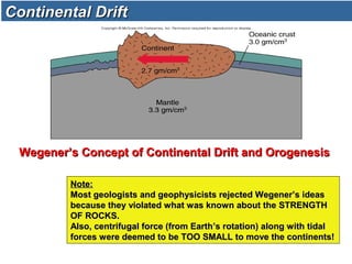 Wegener’s Concept of Continental Drift and OrogenesisWegener’s Concept of Continental Drift and Orogenesis
Note:Note:
Most geologists and geophysicists rejected Wegener’s ideasMost geologists and geophysicists rejected Wegener’s ideas
because they violated what was known about thebecause they violated what was known about the STRENGTHSTRENGTH
OF ROCKSOF ROCKS..
Also, centrifugal force (from Earth’s rotation) along with tidalAlso, centrifugal force (from Earth’s rotation) along with tidal
forcesforces were deemed to bewere deemed to be TOO SMALLTOO SMALL to move the continents!to move the continents!
Continental DriftContinental Drift
 