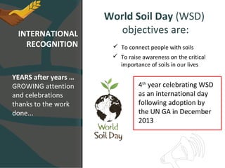 INTERNATIONAL
RECOGNITION
World Soil Day (WSD)
objectives are:
 To connect people with soils
 To raise awareness on the critical
importance of soils in our lives
YEARS after years …
GROWING attention
and celebrations
thanks to the work
done...
4th
year celebrating WSD
as an international day
following adoption by
the UN GA in December
2013
 