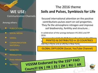 The 2016 theme
Soils and Pulses, Symbiosis for Life
focused international attention on the positive
contributions pulses exert on soil properties.
They fix the atmosphere nitrogen and improve
soil biodiversity, fertility and structure...
In celebration of the synergy between IYS 2015 and IYP
2016:
• the new book Soils & Pulses: Symbiosis for life
(simultaneously launched on the occasion of WSD 2016 at
FAO Hq in Rome and at UN Hq in New York).
•A video illustrating the strategic alliance
between Soils and Pulses
WE USE:
Communication Channels
PRINTED & DISTRIBUTED in 20 COUNTRIES
GLOBAL DIFFUSION (Social, YouTube Channel)
 PUBLICATIONs
 SOCIAL MEDIA
 VIDEOs
 COMMUNICATION
MATERIALs
 WEBSITES
 NEWSLETTER
 Press releases
 Speeches
Among others:
VGSSM Endorsed by the 155th FAO
Council! EN | FR | ES | ZH | RU | AR
 