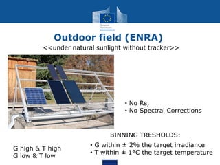 Outdoor field (ENRA)
G high & T high
G low & T low
<<under natural sunlight without tracker>>
BINNING TRESHOLDS:
• G within ± 2% the target irradiance
• T within ± 1°C the target temperature
• No Rs,
• No Spectral Corrections
 