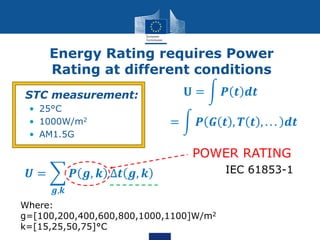 𝑼 =
𝒈,𝒌
𝑷 𝒈, 𝒌 ∆𝒕 𝒈, 𝒌
Energy Rating requires Power
Rating at different conditions
• STC measurement:
• 25°C
• 1000W/m2
• AM1.5G
𝐔 = 𝑷 𝒕 𝒅𝒕
= 𝑷 𝑮 𝒕 , 𝑻 𝒕 , . . . 𝒅𝒕
Where:
g=[100,200,400,600,800,1000,1100]W/m2
k=[15,25,50,75]°C
POWER RATING
IEC 61853-1
 