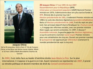 22 Jacques Chirac 17 mai 1995 16 mai 2007

Jacques Chirac

Rassemblement pour la République (RPR)
Union pour un mouvement populaire (UMP) Nommé Premier
ministre en 1974, il démissionne deux ans plus tard et fonde le
RPR. Éliminé dès le premier tour de l'
élection présidentielle de 1981, il redevient Premier ministre en
1986 à la suite des élections législatives (première cohabitation)
Battu à l'élection présidentielle de 1988, il est élu sept ans plus
tard. Son principal objectif étant d'éradiquer la « fracture sociale
», il engage des réformes sociales, avec son premier ministre
Alain Juppé, qui seront contestées. En 1997, il dissout l'
Assemblée nationale, la gauche gagne les élections législatives,
ce qui le contraint à nommer Lionel Jospin Premier ministre
pour une cohabitation de cinq ans. Durant son premier mandat,
le quinquennat est approuvé par référendum (ramenant le
mandat présidentiel de sept à cinq ans).

Né le 29 novembre 1932 à Paris V° Fils de François
Chirac, et de Mme née Marie-Louise Valette. Marié
le 16 mars 1956 à Melle Bernadette Chodron de
Courcel

En 2002, il est réélu face au leader d'extrême droite Jean-Marie Le Pen. Sur le plan
international, il s'oppose à la guerre en Irak. Ayant renoncé à se représenter en 2007, il prend
sa retraite politique et devient membre de droit du Conseil constitutionnel.

 