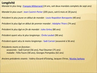 Longévité

Mandat le plus long : François Mitterrand (14 ans, soit deux mandats complets de sept ans)
Mandat le plus court : Jean Casimir-Perier (205 jours, soit 6 mois et 20 jours)
Président le plus jeune en début de mandat : Louis-Napoléon Bonaparte (40 ans)
Président le plus âgé en début de premier mandat : Adolphe Thiers (74 ans)
Président le plus âgé en fin de mandat : Jules Grévy (80 ans)
Président ayant vécu le plus longtemps : Émile Loubet (90 ans)
Président ayant vécu le moins longtemps : Sadi Carnot (assassiné à 56 ans)
Présidents morts en fonction :
assassinés : Sadi Carnot (56 ans), Paul Doumer (75 ans)
maladie : Félix Faure (58 ans), Georges Pompidou (62 ans)
Anciens présidents vivants : Valéry Giscard d'Estaing, Jacques Chirac, Nicolas Sarkozy

 