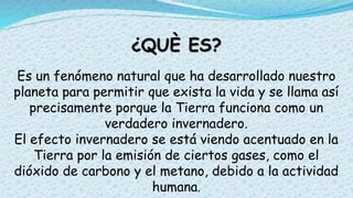 ¿QUÈ ES?
Es un fenómeno natural que ha desarrollado nuestro
planeta para permitir que exista la vida y se llama así
precisamente porque la Tierra funciona como un
verdadero invernadero.
El efecto invernadero se está viendo acentuado en la
Tierra por la emisión de ciertos gases, como el
dióxido de carbono y el metano, debido a la actividad
humana.
 
