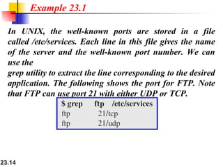23.14
In UNIX, the well-known ports are stored in a file
called /etc/services. Each line in this file gives the name
of the server and the well-known port number. We can
use the
grep utility to extract the line corresponding to the desired
application. The following shows the port for FTP. Note
that FTP can use port 21 with either UDP or TCP.
Example 23.1
 