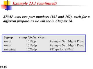 23.15
Example 23.1 (continued)
SNMP uses two port numbers (161 and 162), each for a
different purpose, as we will see in Chapter 28.
 