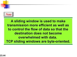 23.44
A sliding window is used to make
transmission more efficient as well as
to control the flow of data so that the
destination does not become
overwhelmed with data.
TCP sliding windows are byte-oriented.
Note
 