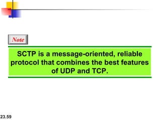 23.59
SCTP is a message-oriented, reliable
protocol that combines the best features
of UDP and TCP.
Note
 