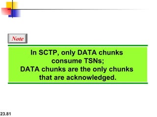 23.81
In SCTP, only DATA chunks
consume TSNs;
DATA chunks are the only chunks
that are acknowledged.
Note
 