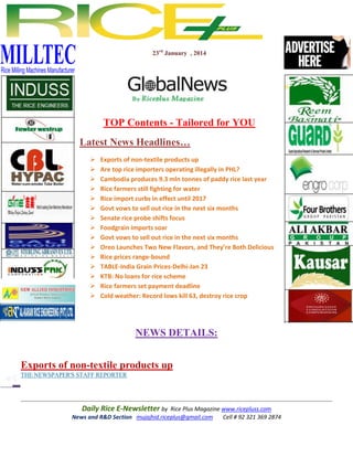 23rd January , 2014

TOP Contents - Tailored for YOU
Latest News Headlines…
















Exports of non-textile products up
Are top rice importers operating illegally in PHL?
Cambodia produces 9.3 mln tonnes of paddy rice last year
Rice farmers still fighting for water
Rice import curbs in effect until 2017
Govt vows to sell out rice in the next six months
Senate rice probe shifts focus
Foodgrain imports soar
Govt vows to sell out rice in the next six months
Oreo Launches Two New Flavors, and They’re Both Delicious
Rice prices range-bound
TABLE-India Grain Prices-Delhi-Jan 23
KTB: No loans for rice scheme
Rice farmers set payment deadline
Cold weather: Record lows kill 63, destroy rice crop

NEWS DETAILS:
Exports of non-textile products up
THE NEWSPAPER'S STAFF REPORTER

Daily Rice E-Newsletter by Rice Plus Magazine www.ricepluss.com
News and R&D Section mujajhid.riceplus@gmail.com
Cell # 92 321 369 2874

 