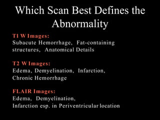 Which Scan Best Defines the
Abnormality
T1 W Images:
Subacute Hemorrhage, Fat-containing
structures, Anatomical Details
T2 W Images:
Edema, Demyelination, Infarction,
Chronic Hemorrhage
FLAIR Images:
Edema, Demyelination,
Infarction esp. in Periventricular location
 
