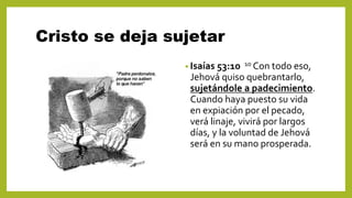 Cristo se deja sujetar
• Isaías 53:10 10 Con todo eso,
Jehová quiso quebrantarlo,
sujetándole a padecimiento.
Cuando haya puesto su vida
en expiación por el pecado,
verá linaje, vivirá por largos
días, y la voluntad de Jehová
será en su mano prosperada.
 