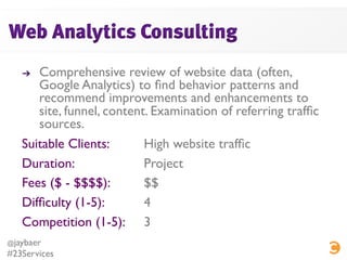 !   Comprehensive review of website data (often,
        Google Analytics) to ﬁnd behavior patterns and
        recommend ...