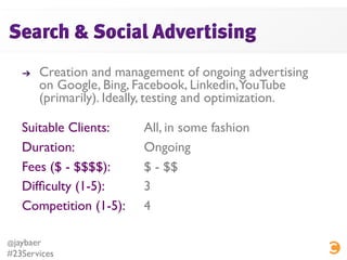 !    Creation and management of ongoing advertising
         on Google, Bing, Facebook, Linkedin,YouTube
         (primari...