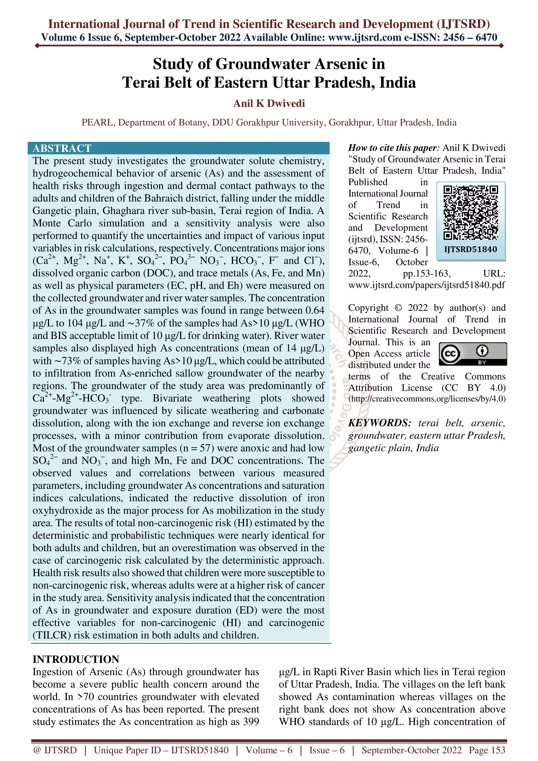 Study of Groundwater Arsenic in Terai Belt of Eastern Uttar Pradesh ...