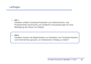 Leitfragen



RQ 1:

Inwiefern erfüllen Facebook-Fanseiten von Unternehmens- und
Produktmarken technische und inhaltliche Voraussetzungen für eine
Beteiligung der Nutzer am Dialog?



RQ 2:

Inwiefern werden die Möglichkeiten zur Interaktion von Facebook-Nutzern
und Unternehmen genutzt, um miteinander in Dialog zu treten?

Dr. Kerstin Thummes & Dr. Maja Malik I 1.11.2013

15

 