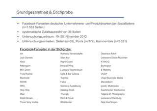 Grundgesamtheit & Stichprobe


Facebook-Fanseiten deutscher Unternehmens- und Produktmarken bei Socialbakers
(n=1.053 Seiten)



systematische Zufallsauswahl von 39 Seiten



Untersuchungszeitraum: 19.-25. November 2012



Untersuchungseinheiten: Seiten (n=39), Posts (n=279), Kommentare (n=5.331)
Facebook-Fanseiten in der Stichprobe:
dm

Rothaus Tannenzäpfle

Glashaus Adorf

Jack Daniels

Gliss Kur

Liebeskind Store München

Xbox

Right Guard

KYMCO

Rittersport

Miracel Whip

Burlington

Mon Cheri

Lustiges Taschenbuch

E-Mobility

Yves Rocher

Cafe & Bar Celona

VCCP

Klarmobil

Toshiba

Vogel Business Media

REWE

Falke

Mandelkern

HRS

Siemens Ausbildung

positiv Multimedia

Holy Holy

Katalog-Kiosk

Saarbrücker Stadtwerke

Olaz

Triumph

Tatjana M. Photography

Bobbi Brown

Rich & Royal

Liebeskind Hamburg

Three Sixty Vodka

Bitdefender

Noa Noa Singen
Dr. Kerstin Thummes & Dr. Maja Malik I 1.11.2013

9

 