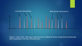 Licensed transmissions ‘White Space’ transmissions
f
Figure 2 - Some of the ‘white space’ spectrum may be utilized by license-exempt devices interleaving
their transmissions with those of licensed users.
 