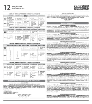 12                      teRçA-feiRA
                        24 de janeiro de 2012
                                                                                                                                                                                                    Diário Oficial
                                                                                                                                                                                                     GUARUJÁ
               CARDÁPiO SeMANAL PeRÍODO De 06/02/2012 A 10/02/2012                                                                                                      eDitAL De CONVOCAçÃO
                                                                 08/02/12                                                          O CMAS - Conselho Municipal da Assistência Social vem por meio deste, convocar a todos os Con-
            06/02/12 (2ª feira)       07/02/12(3ª feira)                              09/02/12 (5ª feira)    10/02/12 (6ª feira)
                                                                 (4ª feira)                                                        selheiros de Direito Titulares e Suplentes para participar da reunião Ordinária, no dia 25 de janeiro
          Leite com
                                                             Leite com            Leite com             Leite com               de 2012, às 9 horas, na Rua Montenegro Nº 455, Casa dos Conselhos, Centro – Guarujá.
 Café da achocolatado               Leite com café                                                                                                                   Guarujá, 23 de janeiro de 2012
                                                            achocolatado          achocolatado           achocolatado
 Manhã  Biscoito salgado           Biscoito waffer
         com doce leite
                                                             Cereal               Barrinha de biscoito  Biscoito doce                                                    Joselito Andrade
                                                             Salada: Pepino                                                                                                    Presidente
         Arroz/Feijão                                                                Salada: Acelga         Salada: Tomate
                                    Arroz/Feijão            Macarrão
         Almôndegas ao                                                               Arroz/Feijão           Arroz/Feijão
 Almoço sugo
                                    Isca de Frango
                                   acebolada
                                                            com carne, couve-
                                                            flor e cenoura
                                                                                      Frango assado          Carne assada                                          adMINISTração
         Purê de batata                                                              Couve refogada        com inhame
                                    Abóbora sautêe          Fruta
         Suco
                                                             Suco natural
                                                                                      Fruta                  Fruta                                             eXtRAtO De teRMO De ReSCiSÃO
                                                                                                                                   Rescisão: nº 94/2012; Contrato: n.º 1648/2011; CONtRAtANte: Município de Guarujá;
               CARDÁPiO SeMANAL PeRÍODO De 13/02/2012 A 17/02/2012                                                                 Contratado(a): MARCELO MANUEL LOPES; Objeto: Rescisão, a partir de 20/01/2012, do contra-
                                                                                                                                   to temporário de prestação de serviços; Processo Administrativo: n.º 2361/942/2012; Data de
            13/02/12 (2ª feira)       14/02/12 (3ª feira)      15/02/12 (4ª feira) 16/02/12 (5ª feira)      17/02/12 (6ª feira)
                                                                                                                                   assinatura: 20 de janeiro de 2012; Guarujá, 23 de janeiro de 2012; Kátia Cristina Cassiano Meles;
          Leite com frutas         Leite com                  Leite com                                   Leite com Frutas     Coordenadora III - Gestão de Pessoas – Pront. Nº 11.507.
 Café da                                                                                 Leite com Café
          Biscoito salgado        Achocolatado                Achocolatado                                  Barrinha de
 Manhã                                                                                   Cereal
         com requeijão              Biscoito doce              Bolinho                                    biscoito
                                                                                       Salada: Alface                                                             eXtRAtO De teRMO De ReSCiSÃO
                                                                                       Arroz/Feijão         Salada: Escarola     Rescisão: nº 109/2012; Contrato: n.º 2394/2011; CONtRAtANte: Município de Guarujá;
                                                        Salada: Repolho
         Salada: Batata
                                    Arroz/Feijão       Arroz/Feijão
                                                                                      preto                  Macarrão ao          Contratado(a): JOSÉ AUGUSTO SANTOS JUNIOR; Objeto: Rescisão, a partir de 23/01/2012, do
         Arroz/Feijão                                                                 Carne seca          molho                  contrato temporário de prestação de serviços; Processo Administrativo: n.º 2362/942/2012; Data
                                    Carne em cubos  Frango com
 Almoço  Omelete de                                                                  acebolada              Coxa e sobrecoxa
        Legumes
                                   com tomate e cebola mandioquinha e
                                                                                       Mandioca            refogada com           de assinatura: 23 de janeiro de 2012; Guarujá, 23 de janeiro de 2012; Kátia Cristina Cassiano Me-
                                    Suco natural      vagem                                                                       les; Coordenadora III - Gestão de Pessoas – Pront. Nº 11.507.
                                                                                      sautêe                cenoura e ervilha
                                                        Fruta
                                                                                       Fruta                Fruta
                                                                                                                                                                  eXtRAtO De teRMO De ReSCiSÃO
               CARDÁPiO SeMANAL PeRÍODO De 20/02/2012 A 24/02/2012                                                                 Rescisão: n.º 009/2012; Compromisso de estágio: n.º 1691/2010; CONtRAtANte: Município de
                                                                                                                                   Guarujá; Compromissário(a):SILMARA SANTANA COSTA; Objeto: Rescisão, a pedido, a partir de
          20/02/12 (2ª feira) 21/02/12 (3ª feira)          22/02/12 (4ª feira)        23/02/12 (5ª feira)   24/02/12 (6ª feira)    02/01/2012, do Termo de Compromisso de Estágio, sem vínculo empregatício, firmado nos termos
               P
                                                                                                                                   da Lei n.º 3.539, de 17 de dezembro de 2007 e Lei Federal nº 11.788, de 25 de setembro de 2008;
                                                             Leite com café           Leite com
Café da
               O                                             Barrinha de          achocolatado
                                                                                                                Leite com café    Processo Administrativo: n.º 758/181361/2012; Data de assinatura: 04 de janeiro de 2012, Gua-
Manhã                                                                                                           Bolinho
               N                                       Biscoito                     Biscoito doce                                 rujá, 23 de janeiro de 2012; Kátia Cristina Cassiano Meles; Coordenadora III - Gestão de Pessoas
               T                                                                                                                   – Pront. nº 11.507.
               O    F
                                          F
                   A
                                          E                                                                                                                       eXtRAtO De teRMO De ReSCiSÃO
                   C                                                                                  Arroz à grega
                                          R                Salada: Seleta          Salada:
                   U
                                          I                                                           Carne em tiras              Rescisão: n.º 017/2012; Compromisso de estágio: n.º 975/2011; CONtRAtANte: Município de
                   L                                       Macarrão à             Beterraba
                                          A            Bolonhesa                    Arroz/Feijão    com grão-de-bico              Guarujá; Compromissário(a): MARIANA SALITURI LEAL; Objeto: Rescisão, a pedido, a partir de
Almoço             T                                                                                  Suco
                   A
                                          D             Fruta                      Frango ao                                     21/12/2011, do Termo de Compromisso de Estágio, sem vínculo empregatício, firmado nos termos
                                          O                                        molho com legumes                               da Lei n.º 3.539, de 17 de dezembro de 2007 e Lei Federal nº 11.788, de 25 de setembro de 2008;
                   T
                   I                                                                Fruta                                         Processo Administrativo: n.º520/181339/2012; Data de assinatura: 06 de janeiro de 2012, Gua-
                                       (Carnaval)
                   V                                                                                                               rujá, 23 de janeiro de 2012; Kátia Cristina Cassiano Meles; Coordenadora III - Gestão de Pessoas
                   O
                                                                                                                                   – Pront. nº 11.507.
               CARDÁPiO SeMANAL PeRÍODO De 27/02/2012 A 02/03/2012                                                                                                 eXtRAtO De teRMO De ReSCiSÃO
           27/02/12 (2ª feira) 28/02/12 (3ª feira)          29/02/12 (4ª feira)       01/03/12 (5ª feira)    02/03/12 (6ª feira)   Rescisão: n.º 018/2012; Compromisso de estágio: n.º 2415/2011; CONtRAtANte: Município de
                                                                                                                                   Guarujá; Compromissário(a):SUELLEN SOARES DOS SANTOS; Objeto: Rescisão, a pedido, a par-
                                                                                                             Leite com
 Café da
          Leite com                 Leite com café          Leite com frutas      Leite com
                                                                                                            achocolatado
                                                                                                                                   tir de 03/01/2012, do Termo de Compromisso de Estágio, sem vínculo empregatício, firmado nos
 Manhã
         achocolatado                Biscoito                Pão enrolado      achocolatado                                      termos da Lei n.º 3.539, de 17 de dezembro de 2007 e Lei Federal nº 11.788, de 25 de setembro
                                                                                                             Biscoito
          Cereal                 recheado                 com presunto e queijo     Bolinho
                                                                                                            salgado com geléia     de 2008; Processo Administrativo: n.º ; Data de assinatura: 06 de janeiro de 2012, Guarujá, 23
                                                                                                                                   de janeiro de 2012; Kátia Cristina Cassiano Meles; Coordenadora III - Gestão de Pessoas – Pront. nº
                                                                                    Salada de                  Salada: Acelga    11.507.
                                     Arroz/Feijão            Salada: Alface      repolho
           Arroz/Feijão                                                                                        Arroz/Feijão
                                     Frango assado           Arroz/Feijão         Arroz à Jardineira
           Linguiça
                                     Batata doce             Cação com            Carne com                  Frango                                            eXtRAtO De teRMO De ReSCiSÃO
 Almoço acebolada                                                                                           desfiado com           Rescisão: n.º 021/2012; Compromisso de estágio: n.º 1952/2011; CONtRAtANte: Município de
                                  corada                   pimentão e cebola       molho
         Farofa                                                                                            requeijão e milho
                                   Suco natural            Pirão                  Abobrinha               Fruta                Guarujá; Compromissário(a):EDER SIMÕES DE OLIVEIRA; Objeto: Rescisão, a partir de 02/01/2012,
                                                            Fruta                 sautêe                                          do Termo de Compromisso de Estágio, sem vínculo empregatício, firmado nos termos da Lei n.º
                                                                                    Fruta
                                                                                                                                   3.539, de 17 de dezembro de 2007 e Lei Federal n.º 11.788, de 25 de setembro de 2008; Processo
                                                                                                                                   Administrativo: n.º 1092/122892/2012; Data de assinatura: 06 de janeiro de 2012, Guarujá, 23
                                                                                                                                   de janeiro de 2012; Kátia Cristina Cassiano Meles; Coordenadora III - Gestão de Pessoas – Pront. nº
              deSeNVoLVIMeNTo SocIaL e cIdadaNIa                                                                                   11.507.
                                          CONVOCAçÃO
             “ReUNiÃO eXtRAORDiNÁRiA DO CONSeLHO MUNiCiPAL DO iDOSO”                                                                                             eXtRAtO De teRMO De ReSCiSÃO
O CMI – Conselho Municipal do Idoso no uso de suas atribuições, nos termos da Lei Municipal nº                                     Rescisão: n.º 24/2012; Compromisso de estágio: n.º 001/2011; CONtRAtANte: Município de
2.984, de 24 de setembro de 2002, convoca os membros titulares e suplentes para Reunião Extra-                                     Guarujá; Compromissário(a): TATIANE PAROLINI ZANETTI; Objeto: Rescisão, a pedido, a partir de
ordinária, no dia 27 de janeiro de 2012 às 14 horas, na Casa dos Conselhos, sito à Rua Montene-                                    31/12/2011, do Termo de Compromisso de Estágio, sem vínculo empregatício, firmado nos ter-
gro, nº 455 – Centro. Com a seguinte pauta:                                                                                        mos da Lei n.º 3.539, de 17 de dezembro de 2007 e Lei Federal nº 11.788, de 25 de setembro
• Regimento;                                                                                                                       de 2008; Processo Administrativo: n.º 1091/181412/2012; Data de assinatura: 10 de janeiro de
• Divulgação do CMI;                                                                                                               2012, Guarujá, 23 de janeiro de 2012; Kátia Cristina Cassiano Meles; Coordenadora III - Gestão de
• Regulamentação de leis para ILPI;                                                                                                Pessoas – Pront. nº 11.507.
• Fundo Municipal do Idoso.
                                 Guarujá, 23 de janeiro de 2012                                                                                               eXtRAtO De teRMO De ReSCiSÃO
                                    esmeralda Cirillo da Silva                                                                     Rescisão: n.º 028/2012; Compromisso de estágio: n.º 2116/2011; CONtRAtANte: Município
                                      Vice-Presidente do CMI                                                                       de Guarujá; Compromissário(a):FATIMA FELIX FAZZANO GADIG; Objeto: Rescisão, a partir de
                                                                                                                                   06/01/2012, do Termo de Compromisso de Estágio, sem vínculo empregatício, firmado nos
 