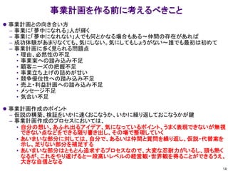 事業計画を作る前に考えるべきこと
⚫ 事業計画との向き合い方
– 事業に「夢中になれる」人が輝く
– 事業に「夢中になれない」人でも何とかなる場合もある～仲間の存在があれば
– 成功体験があまりなくても、気にしない。気にしてもしょうがない～誰でも最初は初めて
– 事業計画に多く見られる問題点
• 理由、必然性の不足
• 事業案への踏み込み不足
• 顧客ニーズの把握不足
• 事業立ち上げの詰めが甘い
• 競争優位性への踏み込み不足
• 売上・利益計画への踏み込み不足
• メッセージ不足
• 気合い不足
⚫ 事業計画作成のポイント
– 仮説の構築、検証をいかに速くおこなうか、いかに繰り返しておこなうかが鍵
– 事業計画作成のプロセスにおいては、
• 自分の想い、あふれ出るアイデア、気になっているポイント、うまく表現できないが無視
できない点などをできる限り書き出し、その場で整理していく
• あいまいな部分に対しては、自分で、あるいは仲間と質問を繰り返し、仮説・代替案を
示し、足りない部分を補足する
• あいまいな部分はともとん追求するプロセスなので、大変な忍耐力がいるし、頭も熱く
なるが、これをやり遂げると一段高いレベルの経営観・世界観を得ることができるうえ、
大きな自信となる
14
 