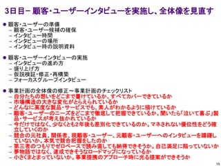 3日目ｰ 顧客・ユーザーインタビューを実施し、全体像を見直す
⚫ 顧客・ユーザーの準備
– 顧客・ユーザー候補の確保
– インタビュー時間
– インタビューの場所
– インタビュー時の説明資料
⚫ 顧客・ユーザーインタビューの実施
– インタビューの進め方
– 盛り上げ方
– 仮説検証・修正・再構築
– フォーカスグループインタビュー
⚫ 事業計画の全体像の修正～事業計画のチェックリスト
– 自分たちの想いをどこまで書けているか、すべてカバーできているか
– 市場構造の大きな変化がとらえられているか
– どんなに高度な製品・サービスでも、素人がわかるように描けているか
– 顧客・ユーザーのニーズをどこまで徹底して把握できているか。聞いたら「泣いて喜ぶ」製
品・サービスが考え抜かれているか
– 今だけではなく、少なくとも２年後も差別化できているのか。マネされない優位性をどう確
立していくのか
– 競合の元社員、関係者、現顧客・ユーザー、元顧客・ユーザーへのインタビューを躊躇し
ていないか。本気で競合把握をしたのか
– 第三者のつもりでゼロベースで読み直しても納得できそうか。自己満足に陥っていないか
– 夢物語ではなく、達成できそうなロードマップになっているか
– 小さくまとまっていないか。事業提携のアプローチ時に光る提案ができそうか
19
 