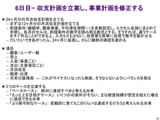 6日目ｰ 収支計画を立案し、事業計画を修正する
⚫ 24ヶ月分の月次収支計画を立てる
– まずは12ヶ月分の月次収支計画を立てる
– 前提条件（継続率、顧客単価、平均滞在期間・・）を多数設定し、エクセル左端にまとめて
列挙し、各月のセルは、前提条件の数字を読み取る数式とする。そうすれば、違うケース
をすぐ作ることができる上、入力ミスも少ない。投資家も簡単に自信で数字を動かせる
– だいたいできあがったら、24ヶ月に延長し、さらに細部の確認を進める
⚫ 項目
– 顧客・ユーザー数
– 売上
– 入金（事業ごと）
– 支出（主要項目ごと）
– 月次収支
– 融資・出資
– 月末口座残高 ← これがマイナスになったら倒産。そうならないようにバランスを取る
⚫ 3つのケースを立案する
– 「ベースケース」： 絶対に達成すべきと考える水準
– 「もっと上を目指すケース」： いくつかの条件がそろい、主な経営指標が想定を超えた場合
に達成できる水準
– 「より保守的なケース」： 悲観的に見てもこのくらいは達成するだろうと考えられる水準
22
 