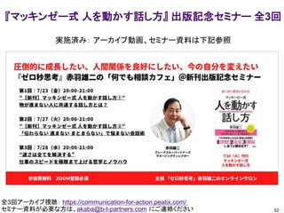 52
『マッキンゼー式 人を動かす話し方』 出版記念セミナー 全3回
全3回アーカイブ視聴： https://communication-for-action.peatix.com/
セミナー資料が必要な方は、akaba@b-t-partners.com にご連絡ください
実施済み： アーカイブ動画、セミナー資料は下記参照
 