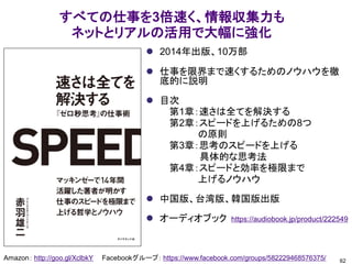 すべての仕事を3倍速く、情報収集力も
ネットとリアルの活用で大幅に強化
Amazon： http://goo.gl/XclbkY Facebookグループ： https://www.facebook.com/groups/582229468576375/
⚫ 2014年出版、10万部
⚫ 仕事を限界まで速くするためのノウハウを徹
底的に説明
⚫ 目次
第1章：速さは全てを解決する
第2章：スピードを上げるための8つ
の原則
第3章：思考のスピードを上げる
具体的な思考法
第4章：スピードと効率を極限まで
上げるノウハウ
⚫ 中国版、台湾版、韓国版出版
⚫ オーディオブック https://audiobook.jp/product/222549
62
 