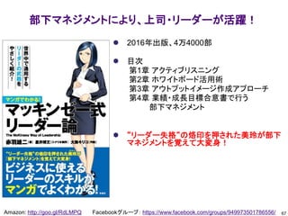 ⚫ 2016年出版、4万4000部
⚫ 目次
第1章 アクティブリスニング
第2章 ホワイトボード活用術
第3章 アウトプットイメージ作成アプローチ
第4章 業績・成長目標合意書で行う
部下マネジメント
⚫ “リーダー失格“の烙印を押された美玲が部下
マネジメントを覚えて大変身！
67
Amazon: http://goo.gl/RdLMPQ Facebookグループ： https://www.facebook.com/groups/949973501786556/
部下マネジメントにより、上司・リーダーが活躍！
 