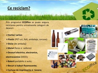 Ce reciclam?Prin programul ECOffice se poate asigura reciclarea pentru urmatoarele categorii de deseuri:Hartie/ carton