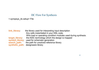 30
DC Flow For Synthesis
.synopsys_dc.setup File
link_library: the library used for interpreting input description
Any cells instantiated in your HDL code.
Wire load or operating condition modules used during synthesis.
target_library: the ASIC technology which the design is mapped
symbol_library: used for schematic generation
search_path: the path for unsolved reference library
synthetic_path: designware library
 