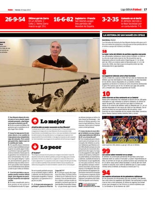 Viernes 24 mayo 2013M 17Liga BBVAFútbol
LA HISTORIA DE SAN MAMÉS EN CIFRAS
Rafa Molina • Madrid
Los 100 años de historia de San Mamés darían sólo para un li-
bro con todos los números y récords que se han producido en
el mítico campo del Athletic de Bilbao.
58
La mejor racha del Athletic de partidos seguidos marcando
Los aficionados rojiblancos vieron cómo el Athletic no falló en
su cita con el gol como local en los 58 encuentros que se
disputaron entre el triunfo ante el Sporting por 3-1 el 18 de
abril de 1954 a la victoria sobre el Barcelona por 4-1 el 2 de
marzo de 1958, una marca que se encuentra entre las más
destacadas de la Liga española.
8Los jugadores talismán ante la Real Sociedad
Canito (1948-63) y Gainza (1940-59) han sido los futbolistas del
Athletic que han derrotado en más ocasiones a la Real Sociedad
en los derbis vascos disputados en La Catedral. Ambos
jugadores se llevaron la victoria en ocho encuentros destacando
el gran Piru Gainza que en los 10 derbis que jugó sólo perdió
uno y empató otro, toda una garantía de triunfo.
10Julen Guerrero se hizo centenario en La Catedral
Hasta ocho futbolistas han rebasado la barrera de los 100 goles
marcados en Liga vistiendo la zamarra rojiblanca. El último en
lograr tal gesta fue Julen Guerrero que logró la centena de
tantos en la victoria del Athletic sobre el Albacete por 3-1, en un
partido disputado el 6 de marzo de 2005 en San Mamés. Con el
tanto que marcó en las postrimerías del encuentro, Julen
Guerrero se unía a leyendas de los Leones como Bata, Gorostiza,
Zarra, Panizo, Gainza, Arieta, Arteche, Dani y Urzaiz.
Último gol de Zarra
En un Athletic 2 -
Celta 2, Telmo Zarra
marcó su gol 251.
26-9-54 Inglaterra - Francia
San Mamés acogió
tres partidos del
Mundial de España.
16-6-82 Goleada en el derbi
El Athletic derrotó a
la Real Sociedad por
un contundente 7-0.
P.SanMamésdejarádeexis-
tir pero el arco puede seguir
estandopresente.¿Quélegus-
taríaquesehicieraconél?
R.ElarcoespartedeBilbao.Me
gustaría que se quedara en al-
gúnlugarbienvisible.
P.GanarlaLigaparecelomá-
ximo ahora, y en cambio la
Copapareceunacompetición
algo devaluada. Pero usted
que ganó dos, seguro que no
locambiapornada.
R. En aquella época teníamos
mucharesponsabilidadporque
lagentenospedíaalgúntrofeo.
La primera Copa que gané fue
altercerintentoyhastaqueno
la ganamos nos sentíamos un
poco presionados. Fue un ali-
vio y una gran alegría. Y para
mí, personalmente, ganar mi
primeraCopaerasoñarconto-
do lo que podía venir después
conelrecibimientodelaafición
ytodoloquerodeaalAthletic.
P. Con614partidosasuses-
paldaspuederesultardifícil
elegir,perodígameunparti-
doquerecuerdeconespecial
cariño.
R. Es muy complicado, pero a
bote pronto se me ocurre el
5-0alMadridenelaño70.Aque-
llosetequedagrabadoporque
esunresultadoatípicoydifícil
y,además,eseañohicimosuna
temporadamagnífica.Fuimos
segundos y no ganamos la Li-
gaporunpelo.
P. ¿Yelquemásamargurale
produjo? ¿Quizá la final de
Copadel77?
R. Sí, porque aquel año juga-
mosmuybienylafinalcontra
el Betis en el Calderón fue un
mazazo.Fueunpartidoextra-
ño y atípico, porque acabó en
penaltisytuvimosquetirar19
paradecidirelvencedor.Esnao-
la, —al que desde aquí mando
9 Lomejor
¿CuálhasidosumejormomentoenSanMamés?
“LafinaldelaUEFAcontralaJuventusdel77.Fueadospartidos,
yjugamoselsegundoenSanMamés.Eselmomentomás
importanteeinolvidablequeviví,ycreoquetambiénlofuepara
losaficionadosdeaquellaépoca.Lamagiaquesegeneróen
aquelpartidofueinolvidable,ydealgunamaneraelañopasado
seviviótambiénesamagiaenlospartidosdelaEuropaLeague”.
8 Lopeor
¿Y el peor?
“Notengolasensacióndepasarporningúnmomentomalo.Ni
siquieraeldíademiúltimopartido,porqueeraalgoqueyatenía
asumido.Dehecholodecidíyo.JugamoscontraelGetxoenla
Copayganamos7-1.Lequericamemarcóelgol.Decidíqueeseiba
asermiúltimopartido.Físicamenteestabamal,laespaldame
dabamuchaguerra.Elclubseenfadócuandoselocomuniqué”.
unabrazoporqueseretirayle
vanahacerunhomenaje—,me
detuvo el último penalti y me
marcóelgoldefinitivo.Fueun
mazazo, tanto para el equipo
comoanivelpersonal.
P. Como técnico le tocó diri-
giralAthleticenunatempo-
radaespecialmentedifícil,la
86-87¿Larecuerdaasí?
R.Fuecomplicadaperoilusio-
nante para mí porque ser en-
trenadordelAthleticesunho-
nor.Sabíamosqueíbamosate-
nerdificultadesporqueerauna
temporada de transición des-
puésdelasdosLigasylaCopa.
Losdosjugadoresmássignifi-
cativosdelaépoca,Zubizarre-
tayJulioSalinas,semarcharon,
yademás,acababadeentrarla
LeyBosman,loquesignificaba
un reto para nosotros. Fue un
año agridulce porque comen-
zamosmuybien,inclusolega-
namos2-4alMadrid.Perolue-
golaslesionesdejugadoresim-
portantesmermaronelequipo
y terminamos jugando aquel
playoffqueseinventóelseñor
Irigoyen,presidentedelCádiz.
Peromequedoconlobueno.
Julen Guerrero (39) celebra su gol gol 100 con el Athletic.
JUAN ECHEVERRIA
99Los Leones saben remontar en su campo
El Athletic ha comenzado perdiendo 99 partidos como local
sabiendo darle la vuelta al marcador y acabar imponiéndose en
ellos. El primero en el que los Leones tuvieron que remontar fue
en un derbi vasco ante la Real Sociedad el 28 de abril de 1929
cuando el conjunto txuri urdin se adelantó por 0-2 para acabar
viendo cómo el Athletic se llevaba la victoria por 4-2.
94Las mejores actuaciones de los goleadores rojiblancos
En 94 ocasiones los aficionados que han acudido a San Mamés
han visto cómo los jugadores del Athletic han perforado la meta
rival en tres o más ocasiones. El último en lograrlo fue Ismael
Urzaiz que consiguió un hat trick en la victoria rojiblanca por
3-2 al Oviedo el 16 de febrero de 1997.
El cuarto capítulo del serial en:
M Edición digital
DESCÁRGATELO EN EL APP STORE
ADAS DE
ULA
posa para
A al lado de una
on una de sus
es estiradas.
JUAN ECHEVERRIA
3-2-35
 