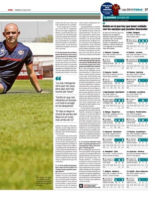 Viernes 24 mayo 2013M 37
nador del año que viene me
trae totalmente sin cuidado.
Si me tengo que ir a entre-
nar a otro sitio o a Segunda,
me iré, no tengo ningún pro-
blema. Lo que tengo muy cla-
ro es que si yo me quedo aquí
elquevaaponerlascondicio-
nes soy yo. Ni me las va a po-
ner el presidente, ni ningún
administrador ni absoluta-
mente nadie. Si las quieren
aceptarlasaceptanysinome
voy a mi casa.
P. En dos meses ha estado a
punto de firmar tres veces,
¿su paciencia es ilimitada?
R.No, yo no tengo prisa. A mí
me dicen ‘vamos a firmar’ y
estoy todo el día con el boli-
grafo en la mano. La mayoría
de las veces me lo tengo que
guardarenelbolsillo.Eslater-
cera vez que estaba todo pre-
paradoparafirmarynoseha
podido.Niespero,nidoyulti-
mátum, lo que tengo claro es
quesielRayoaceptamiscon-
dicionesserésuentrenadory
si no me iré.
Si no me he ido a otro sitio
es porque las ofertas que hay
no son de mi agrado o toda-
vía no se han concretado, pe-
roestánjugandoconfuego.A
lo mejor es que no les impor-
taquedarsesinentrenador.Si
es así, están haciendo todo lo
posible para quedarse sin él
porquelonormalesqueyoya
hubierafirmadoenotrositio.
Tienen la gran suerte de que
estoy a expensas de que me
contesten.
P. ¿Y no le seducen banqui-
llos como los de la Real o el
Valencia que pueden que-
dar libres?
R.Estoescomoelsímildelos
zapatos. Yo voy a una tienda,
veounoszapatosysimegus-
tan y me los puedo comprar,
meloscompro.Ysino,mevoy
a otra tienda. Lo que no pue-
des hacer es ver 73 zapatos
porque te vuelves loco y al fi-
“Lo más inteligente
sería que me vaya,
pero aquí aún hay
mucho por hacer”
“Confío en que nos
metamos en Europa
y el club lo arregle
en los despachos”
“El reto es dejar el
récord de puntos del
Rayo en un curso
más arriba de 52”
“
Paco Jémez (43) posa
para MARCA tras el
entrenamiento de ayer
en la Ciudad Deportiva
del Rayo.
PABLO GARCÍA
nal no sabes cuál quieres. Es-
to funciona igual.
Cuandoquieranaunentre-
nador irán a por él y lo ficha-
rán. Mientras tanto, todo son
especulaciones. No voy a es-
tar esperando a nadie cuan-
do tengo una oferta que me
satisface y en un sitio donde
me gusta estar. Si alguno vie-
ne y me hace una propuesta,
la estudiaré y, si me conviene
yapetece,laaceptaré.Sitam-
pocoelRayosedecide,seabre
la veda y el primero que lle-
gue con una oferta que me
convenza tendrá entrenador.
P. Si continúa, ¿no cree que
tienemásqueperderquega-
naranteladesbandadaque
se avecina y que esta cam-
paña será difícil de repetir?
R. Lo más inteligente, y ade-
más ya lo he hablado con ex
entrenadores y todos me lo
dicen, es que coja los trastos
y me vaya. Se ha hecho una
temporada espectacular, el
añoquevienecontaremoscon
elmismopresupuesto,seirán
muchos jugadores, empeza-
remosdecero,conloque,des-
de el punto de vista lógico y
racional, hay pocas razones
por las que quedarse. Pero yo
veo una: el año que viene te-
nemos una oportunidad fan-
tástica de mejorar lo que he-
mos hecho. El reto será otra
vez muy complicado, pero
siemprehesidovaliente,osa-
do e incluso suicida.
No me parece que quedar-
meaquíseaunamalaopción.
Todo lo contrario, lo hago de
corazón, es lo que me pide el
cuerpo y lo que creo que ten-
go que hacer. Aquí aún hay
muchas cosas por hacer, so-
bre todo cuando el club vaya
mejorando económicante y
aumenten sus posibilidades.
Vallecas es un sitio para ha-
cerunproyectoamedioolar-
go plazo y cambiar esa histo-
ria de ser el equipo humilde y
pequeño,creceryponeralRa-
yo donde nunca ha estado.
P. Le tocará exprimir más
aún a la gente porque no se
encuentran Pitis, Javi Fue-
gos o Choris gratis.
R.Escomplicado,perolomis-
mo nos pasaba el año pasado
cuando nos preguntábamos
dóndeíbamosaencontrarun
Michu, un Diego Costa, Ta-
mudo, Arribas.... Y al final lo
acabamos encontrando. No
siempre se tiene el mismo
acierto,perosinolostenemos
aquí tendremos que ir a bus-
carlosdondesea.Notengodu-
dadequealfinalharemosun
equipoconbuenosjugadores,
nocongrandesnombres.Con
esotiraremoseintentaremos
hacer lo mejor que podamos
como este año.
iga BBVAFútbol
La entrevista a Paco Jémez en:
M Edición digital
DESCÁRGATELO EN EL APP STORE
7 Todo lo que no
sea sumar, condena
a los maños.
La Qui el orna a 49
Por Fernando Carnerero y David Pecker
8. Betis-Zaragoza
Dom.20.00•B.Villamarín•Cuatro
Árbitro: Mateu Lahoz
21 X 2
Temp 07-08 08-09 09-10 10-11 11-12
Resul 2-1 - - - 4-3
27 11 6
7La despedida de
San Mamés apunta
al uno fijo.
9. Athletic - Levante
Dom. 20.00 • San Mamés • Gol T/C+L
Árbitro: J. A. Teixeira Vitienes
1 X 21
Temp 07-08 08-09 09-10 10-11 11-12
Resul 2-0 - - 3-2 3-0
5 2 0
7 Los dos se
juegan mucho,
favoritos los locales.
1. Valencia - Granada
Dom. 20.00 • Mestalla • Gol T/C+L
Árbitro: Gil Manzano
1 X 21
Temp 07-08 08-09 09-10 10-11 11-12
Resul - - - - 1-0
16 2 0
7 Sólo los locales
se juegan algo.
Apunta al 1.
10. Huesca - Sporting
Sab. 16.00 • Alcoraz • Telecable
Árbitro: Figueroa Vázquez
1 X 21
Temp 07-08 08-09 09-10 10-11 11-12
Resul - - - - -
0 1 0
7 Sólo le vale
ganar a los grana.
La Ponfe, difícil.
12. Murcia - Ponferradina
Dom.17.00•N.Condomina•
Árbitro: De Burgos Bengoetxea
21 X
Temp 07-08 08-09 09-10 10-11 11-12
Resul - - - - -
0 1 0
7 Toda una
temporada en un
partido. Uno fijo.
2. Osasuna - Sevilla
Dom. 20.00 • R. Navarra • Gol T/C+L
Árbitro: Muñiz Fernández
1 X 21
Temp 07-08 08-09 09-10 10-11 11-12
Resul 1-1 0-0 0-2 3-2 0-0
19 11 9
7 Los locales lo
van a tener
complicado. Equis.
11.Mirandés-LasPalmas
Sab. 16.00 • Anduva • TVC
Árbitro: Ocón Arraiz
1 X 2X
Temp 07-08 08-09 09-10 10-11 11-12
Resul - - - - -
0 0 0
7 LaRealsejuegala
Champions;elMadrid,
unaincógnita.Triple.
3.RealSociedad-RealMadrid
Dom.20.00•Anoeta•C+1
Árbitro: González González
21 X 2
Temp 07-08 08-09 09-10 10-11 11-12
Resul - - - 1-2 0-1
20 20 25
7 Los gallegos
pueden salvarse si
suman tres puntos.
4. Málaga - Deportivo
Dom.20.00•LaRosaleda•Gol T/C+L
Árbitro: Delgado Ferreiro
21 X 2
Temp 07-08 08-09 09-10 10-11 11-12
Resul - 1-1 0-0 0-0 -
11 10 7
7 Los cántabros
podrían salir del
descenso si ganan.
13. Racing - Guadalajara
Dom.19.00•ElSardinero•MARCATV
Árbitro: Martínez Munuera
1 X 21
Temp 07-08 08-09 09-10 10-11 11-12
Resul - - - - -
0 0 0
7 Los azulgrana
buscan los 100
puntos. Favoritos.
5. Espanyol - Barcelona
Dom.20.00•Cornellá•GolT/C+L
Árbitro: Fernández Borbalán
1 X 22
Temp 07-08 08-09 09-10 10-11 11-12
Resul 1-1 1-2 0-0 1-5 1-1
25 26 27
7 Se juegan más
los visitantes, pero
favoritos los locales.
14. Alcorcón - Almería
Sab.16.00•Sto.Domingo•MARCATV
Árbitro: Prieto Iglesias
1 X 21
Temp 07-08 08-09 09-10 10-11 11-12
Resul - - - - 1-1
0 1 0
7 Los vigueses no
pueden ni ceder un
punto. Doble.
6. Valladolid - Celta
Dom. 20.00 • J. Zorrilla • GolT/C+L
Árbitro: Estrada Fernández
1 X 2X 2
Temp 07-08 08-09 09-10 10-11 11-12
Resul - - - 3-2 1-2
18 8 13
7 Los de Luis
García pueden
superar a su rival.
15. Getafe - Rayo Vallecano
Dom.20.00•Coliseum•GolT/C+L
Árbitro: Clos Gómez
1 X 21
Temp 07-08 08-09 09-10 10-11 11-12
Resul - - - - 0-1
2 2 2
7 Los locales son
favoritos, pero el
Mallorca se la juega.
7. Atlético - Mallorca
Dom.20.00•V.Calderón•GolT/C+L
Árbitro: F. Teixeira Vitienes
1 X 21 2
Temp 07-08 08-09 09-10 10-11 11-12
Resul 1-1 2-0 1-1 3-0 1-1
15 5 4
1
Boleto en el que hay que tener cuidado
con los equipos que pueden descender
Se acerca el final de Liga y los
equipos que se juegan el
descenso suelen dar muchas
sorpresas. Ojo a los partidos
de Mestalla, Reyno de
Navarra, La Rosaleda, Zorrilla,
Calderón y Benito Villamarín.
Y, en Segunda, lo de siempre.
Todo dificultades.
Poloof al
dela
selecció
Domingo 26
cartilla
Lig
uiniela Jornad
icial
a
ión
o 26
la
 