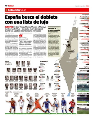 42 Viernes 24 mayo 2013 M
Selección Sub 21
Fútbol
España busca el doblete
con una lista de lujo
EUROPEO De Gea, Thiago, Mariño, Muniain y Montoya
pueden repetir título • Carvajal y Álvaro (Zaragoza),
que no han jugado la clasificación, las novedades
Nacho Silván • Madrid
Con una nómina amplísima
de futbolistas contrastados y
una preparación más corta
que la de sus rivales, España
yatieneequipopararevalidar
su título de campeona de Eu-
ropa sub 21.
Cincodeesos23futbolistas
yaconocieroneléxitohacedos
añosalasórdenesdeLuisMi-
lla:DeGea,Thiago,Mariño,Mu-
niain y Montoya. Los otros 18
sonjugadoresconexperiencia
enPrimeraytancotizadosco-
moIsco,ÍñigoMartínez,Cana-
les,Tello,KokeoMorata,como
adelantamos ayer. Si alguien
echa en falta a Deulofeu, Jesé
o Pardo, debe echar un vista-
zo al calendario y entenderá
que, dada su juventud, la Fe-
deraciónprefierequejueguen
elMundialsub20,quecomien-
za a finales de junio.
Lasdosgrandesnovedades
delaconvocatoriasonCarva-
jalyÁlvaro,yaquenohanpar-
ticipadoenlafasedeclasifica-
ción.EllateraldelLeverkusen
vepremiadasugrancampaña
enlaBundesliga,mientrasque
el central del Zaragoza podrá
jugar la última jornada de Li-
ga. “Seremos sensibles”, dijo
Lopetegui,aunquesabequela
concentración ya de por sí es
corta —comienza el próximo
lunes— y muchos de sus fut-
bolistasnoestaráncentrados
de todo en el torneo hasta ca-
siel3dejunio,fechaenlaque
viajan a Israel.
Se quedan fuera fijos de la
clasificación como Planas
(Barça), Amat (Rayo) y Oriol
(Chelsea). Éste último acaba
de salir de una lesión.
Máximas de 37
gradosyviajesólo
tres días antes
N. S. • Madrid
La previsión indica 37 gra-
dos de temperatura máxima
en Jerusalén mañana, lo
que da idea del calor que
puede encontrarse España
durante el torneo. Pero lo
que preocupa es que el
equipo llegará el 3 de junio
y debutará el 6. “En esas fe-
chas hay calor y humedad
en la zona, pero será para
todos. Vamos a llegar sólo
con tres días de adaptarnos
pero trataremos de que se-
an suficientes”, dijo Lopete-
gui. En Netanya y Tel Aviv
las temperaturas son algo
más suaves.
“Sobre la jornada de
Liga, la Federación
siempre es sensible”
Julen Lopetegui
Seleccionador sub 21“
 