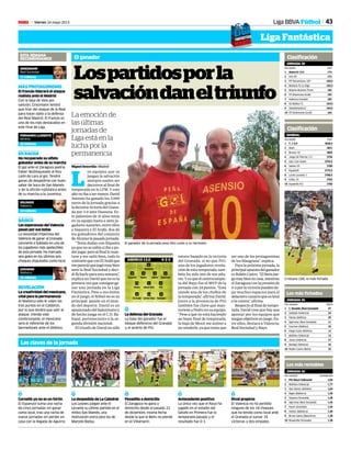 43Viernes 24 mayo 2013M
Liga Fantástica
Liga BBVA Fútbol
1 Asens10 13.0 174
2 Visi 59 172
3 Flf-Tomamismo-187 169,5
4 Mañana Te Lo Digo 165,5
5 Mipeña Brahimi Three 165
6 Flf-Ellamisma-6val6 165
7 Valencia-Granada 165
8 Os Mallos F.C. 164,5
9 Zakafantastico2 164,5
10 Flf-Eslomismo-Gra36 164
POS EQUIPO PTOS
Clasificación
JORNADA 36
GRIEZMANN
Real Sociedad
17 millones
1 T. J. 6.0 3828,5
2 Maiti 3821
3 Brenes 70 3805
4 Juego De Piernas 3.3 3794
5 Uep. Com Anam 3792,5
6 Santos 55 3780
7 Español9 3775,5
8 Lucho Levante 1 3768,5
9 Colby 33 3762
10 Españolis-R2 3760
POS EQUIPO PTOS
Clasificación
GENERAL
1 C. Ronaldo (Real Sociedad) 47
2 Soldado (Valencia) 24
3 Falcao (Atlético) 35
4 Agirretxe (Real Sociedad) 11
5 Courtois (Atlético) 16
6 Diego Costa (Atlético) 13
7 Mathieu (Valencia) 13
8 Jonas (Valencia) 17
9 Banega (Valencia) 16
10 Rubén Castro (Betis) 15
POS JUGADOR PRECIO
Los más fichados
JORNADA 36
1 Piti (Rayo Vallecano) 2,00
2 Mathieu (Valencia) 1,77
3 Ibai Gómez (Athletic) 1,64
4 Bigas (Mallorca) 1,56
5 Siqueira (Granada) 1,46
6 Agirretxe (Real Sociedad) 1,45
7 Nyom (Granada) 1,44
8 Hutton (Mallorca) 1,40
9 Bruno Gama (Deportivo) 1,38
10 Buoanotte (Granada) 1,38
POS JUGADOR RENTABILIDAD
Los más rentables
JORNADA 36
1
Cornellà ya no es un fortín
El Espanyol suma una racha
de cinco jornadas sin ganar
como local, tras una racha de
nueve jornadas sin perder en
casa con la llegada de Aguirre.
Las claves de la jornada
FRANCESC ADELANTADO
1
La despedida de La Catedral
Los Leones juegan ante el
Levante su último partido en el
mítico San Mamés, una
motivación extra para los de
Marcelo Bielsa.
JUAN ECHEVERRIA
1
Pesadilla a domicilio
El Zaragoza no gana a
domicilio desde el pasado 22
de diciembre, misma fecha
desde la que el Betis no pierde
en el Villamarín.
CESAR MINGUELA
1
Antecedente positivo
La única vez que el Rayo ha
jugado en el estadio del
Getafe en Primera fue la
temporada pasada y el
resultado fue 0-1.
1
LadefensadelGranada
La base del ganador fue el
bloque defensivo del Granada
y el acierto de Piti.
MÁS PROTAGONISMO
El francés liderará el ataque
realista ante el Madrid
Con la baja de Vela por
sanción, Griezmann tendrá
que tirar del ataque de la Real
para hacer daño a la defensa
del Real Madrid. El francés es
uno de los más destacados en
este final de Liga.
1
Rival propicio
El Valencia no ha perdido
ninguno de los 18 choques
que ha tenido como local ante
el Granada al sumar 16
victorias y dos empates.
JOSE ANTONIO SANZ
Lospartidosporla
salvacióndaneltriunfo
La emoción de
las últimas
jornadas de
Liga está en la
lucha por la
permanencia
Miguel Senovilla • Madrid
L
os equipos que se
juegan la salvación
siempre suelen ser
decisivos al final de
temporada en la LFM. Y este
añonoibaasermenos.David
Asensio ha ganado los 3.000
euros de la jornada gracias a
ladecisivavictoriadelGrana-
da por 3-0 ante Osasuna. Es-
te palentino de 31 años tenía
en su equipo hasta a siete ju-
gadores nazaríes, entre ellos
a Siqueira y El Arabi, dos de
los goleadores del conjunto
deAlcarazlapasadajornada.
“Tenía dudas con Siqueira
ya que no se sabía si iba a po-
derjugar,peroalfinalloman-
tuve y me salió bien, todo lo
contrarioqueconElArabique
meparecióquejugómuybien
ante la Real Sociedad y deci-
dí ficharle para esta semana”,
explica un David que no es la
primera vez que consigue ga-
nar una jornada en la Liga
Fantástica. Pese a sus éxitos
en el juego, el fútbol no es su
principal pasión en el mun-
do del deporte. David es un
apasionado del balonmano y
de hecho juega en el C.D. Ba-
lopal, perteneciente a la se-
gunda división nacional.
El triunfo de David no sólo
estuvo basado en la victoria
del Granada, si no que Piti,
uno de los jugadores revela-
ción de esta temporada, tam-
bién ha sido uno de sus pila-
res.Yesqueelcentrocampis-
ta del Rayo fue el MVP de la
jornada con 24 puntos. “Está
siendo uno de los chollos de
la temporada”, afirma David.
Junto a la presencia de Piti
también fue clave que man-
tuviese a Pedro en su equipo.
“Pese a que no está haciendo
un buen final de temporada,
la baja de Messi me animó a
no venderle, ya que tenía que
ser uno de los protagonistas
de los blaugrana”, explica.
Paralapróximajornada,la
principalapuestadelganador
esRubénCastro.“ElBetisjue-
gamuybienencasa,mientras
el Zaragoza con la presión de
ir a por la victoria pueden de-
jar muchos espacios para el
delanterocanarioqueesletal
a la contra”, afirma.
Respectoalfinaldetempo-
rada, David cree que hay que
apostar por los equipos que
tenganobjetivosenjuego.En-
tre ellos, destaca a Valencia,
Real Sociedad y Rayo.
El ganador
El ganador de la jornada posa feliz junto a su hermano.
ASENS10 13.0 4-3-3
Roberto
15
ElArabi
16
MikelRico
11
Piti
24
Diakhate
13
Siqueira
19
Nyom
13
Mainz
13
Pedro
17,5
CarlosVela
11,5
Soldado
10
ESTA SEMANA
RECOMENDAMOS
FERNANDO LLORENTE
Athletic
20 millones
EN RACHA
Ha recuperado su olfato
goleador antes de su marcha
El gol ante el Zaragoza podría
haber desbloqueado al Rey
León de cara al gol. Tendrá
ganas de despedirse con buen
sabor de boca de San Mamés
y de la afición rojiblanca antes
de su marcha a la Juventus.
SOLDADO
Valencia
24 millones
BÁSICO
Las esperanzas del Valencia
pasan por sus botas
La necesidad imperiosa del
Valencia de ganar al Granada
convierte a Soldado en uno de
los jugadores más apetecibles
de esta jornada. Ha marcado
seis goles en los últimos seis
choques disputados como local.
GIOVANNI
Mallorca
25 millones
REVELACIÓN
La creatividad del mexicano,
vital para la permanencia
Al Mallorca sólo le valen los
tres puntos en el Calderón,
por lo que tendrá que salir al
ataque. Viendo este
condicionante, el mexicano
será el referente de los
bermellones ante el Atlético.
Cristiano (28), el más fichado.
PABLO GARCÍA
RUBEN DE PEDRO
 